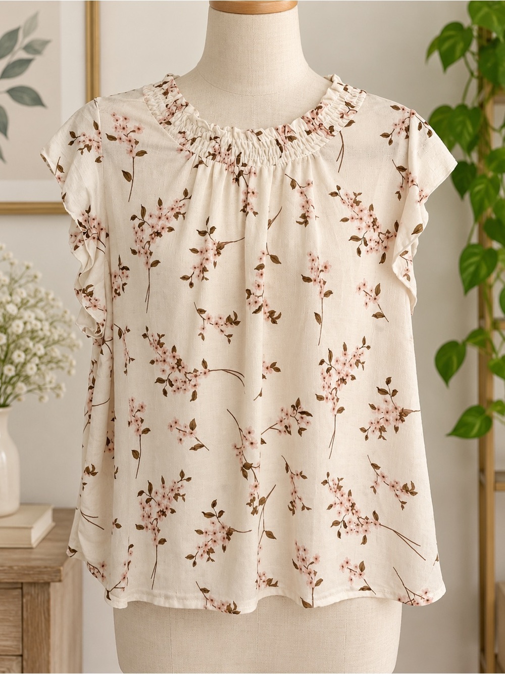 MELLODAY Cream Floral Ruffle-Neck Sleeveless Blouse